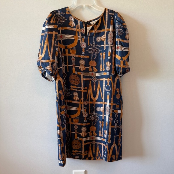 Tyler Boe Audrey Equestrian Blue and Brown Puff Sleeve Sheath Dress - Picture 1 of 4
